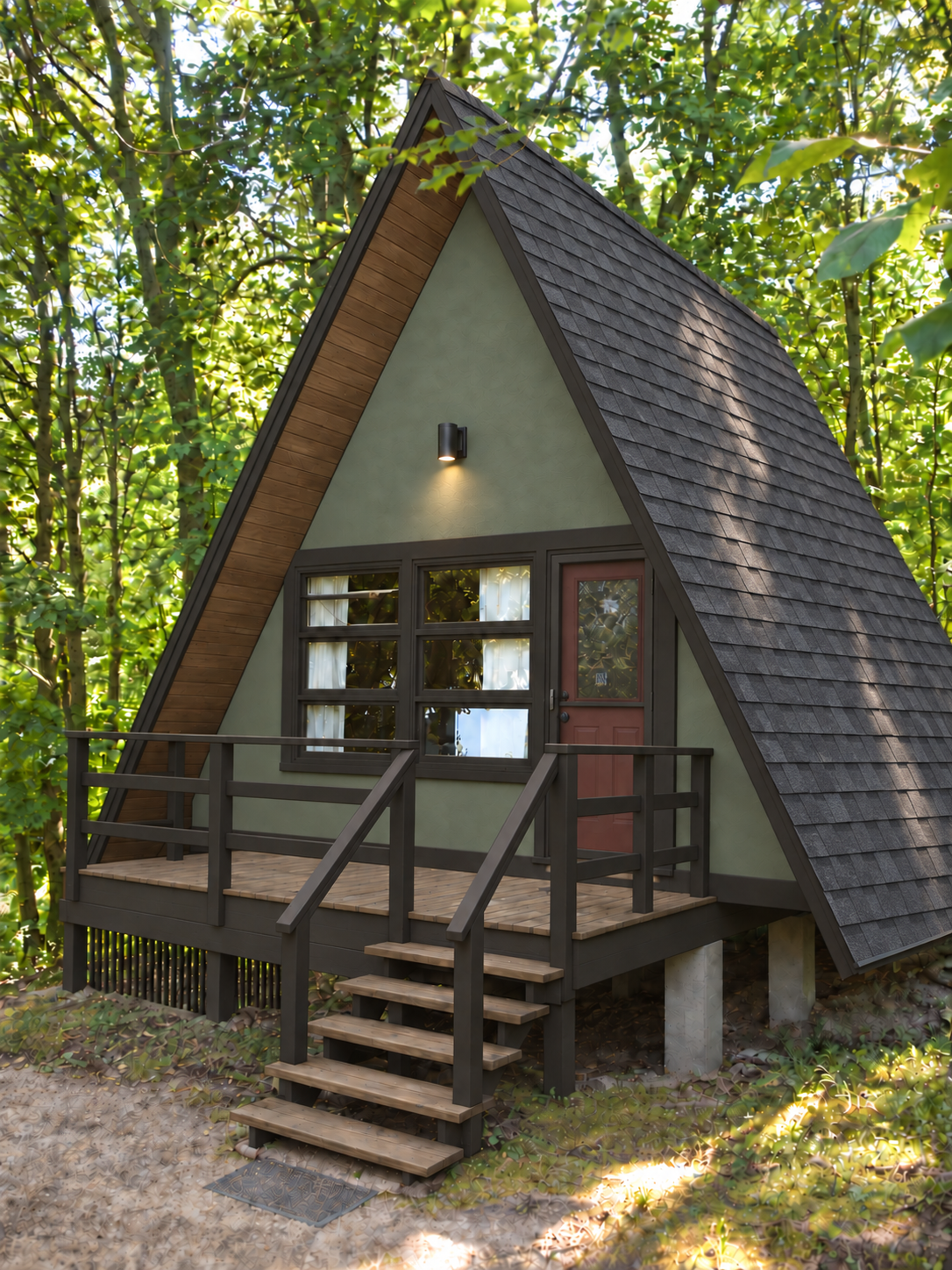 Forest & oxblood cabin with architectural-shingle overlay